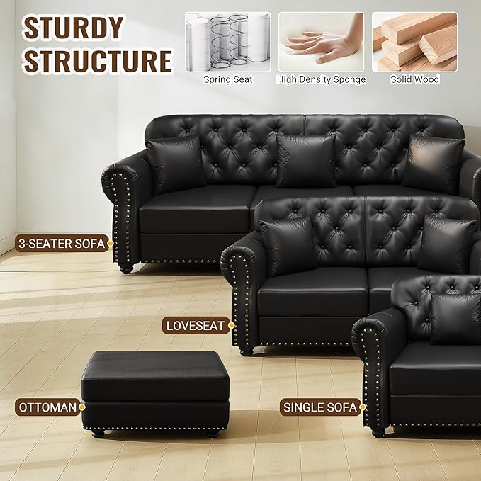 KEIKI 63" Faux Leather Chesterfield Sofa