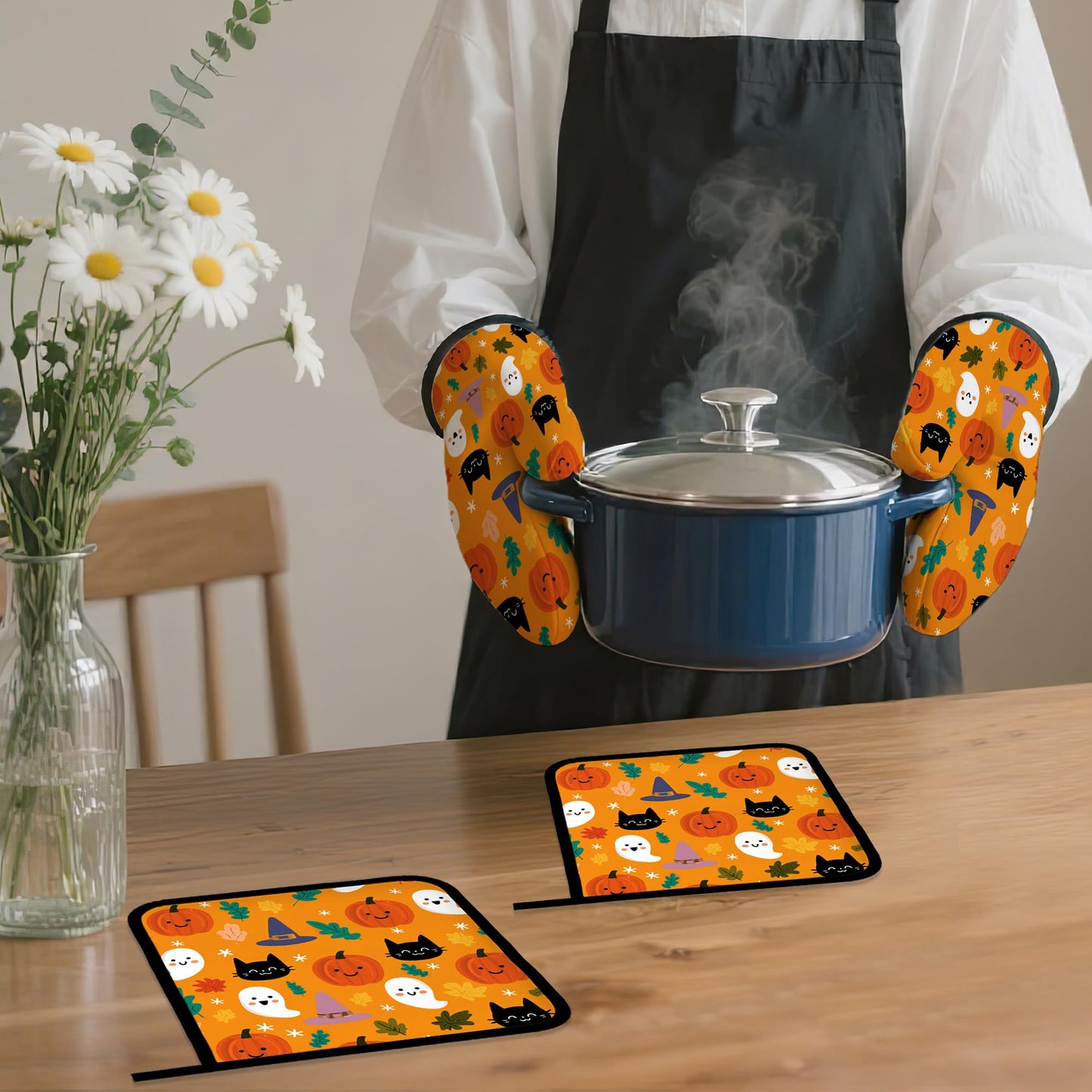 Halloween Pumpkins Oven Mitts and Pot Holders Set,Ghosts Black Cats Kitchen Decor Heat Resistant Non Slip Hot Pads and Oven Mitt for Chef Cooking Baking BBQ Mom Girl Gifts(4 Piece Set)