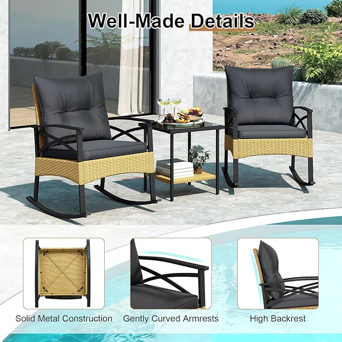 Tangkula 3 Pieces Outdoor Rocking Chairs Set, Rattan Heavy Duty Cushioned
