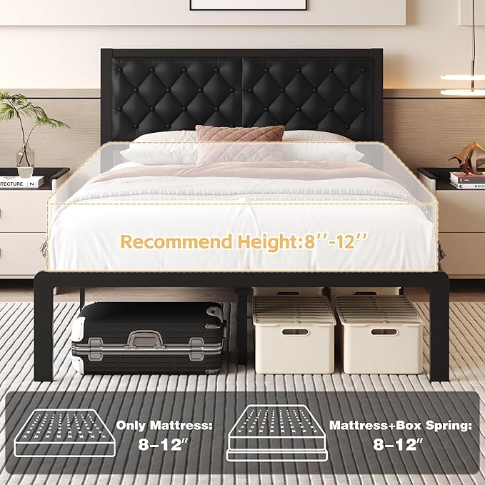 Fluest Full Bed Frame with Headboard PU Leather Upholstered Bed Frame Platform