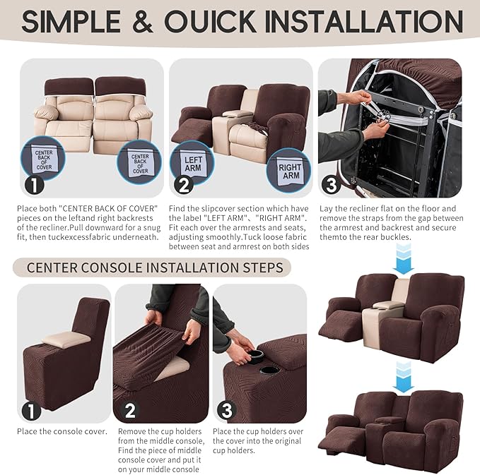 Recliner Loveseat Covers with Console, 6-Piece Stretch Geometric Strokes