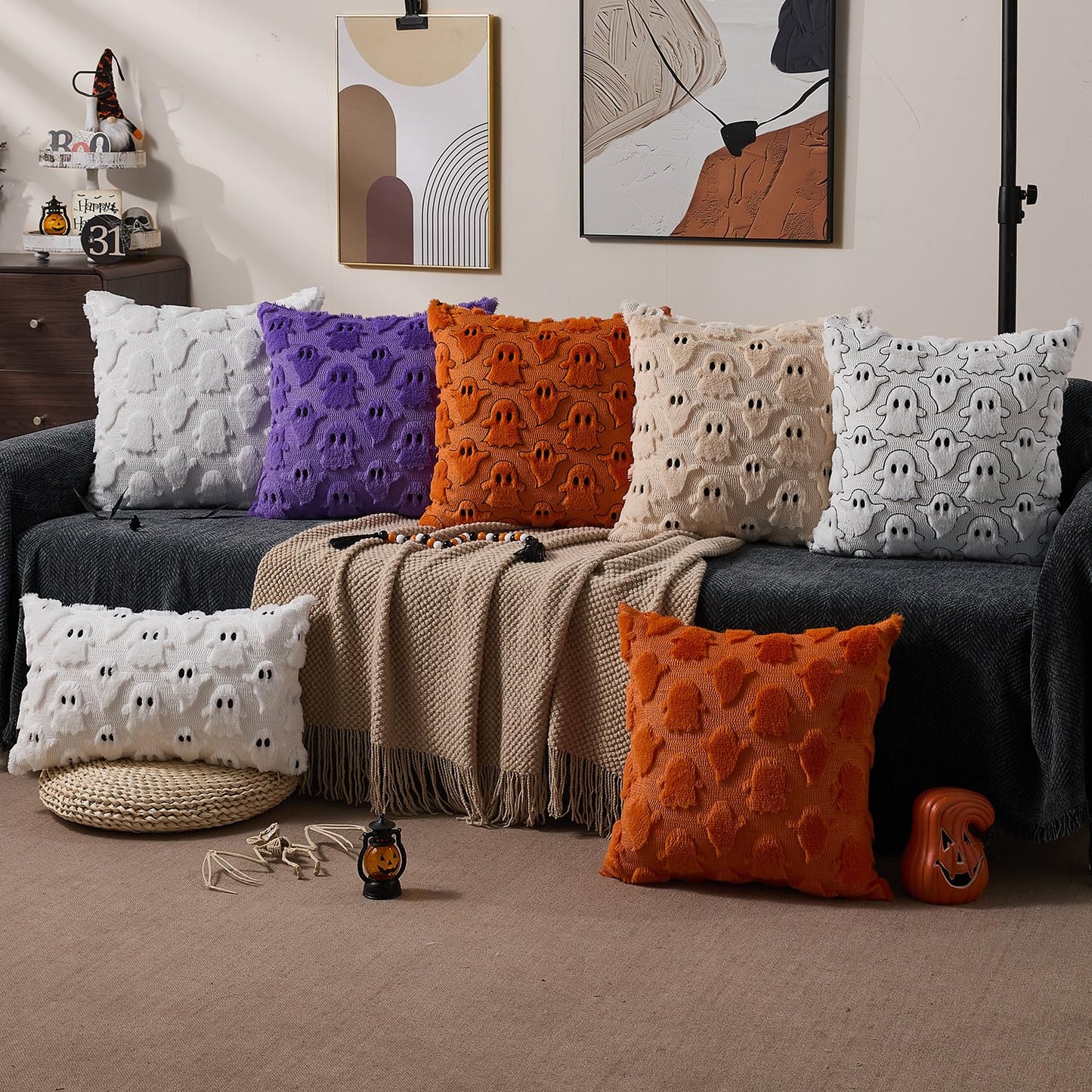 DFXSZ Halloween Pillow Covers 18x18 inch Set of 2 Orange White Ghost Throw Pillow Cases Soft Plush Faux Fur Wool Couch Cushion Case for Chair Sofa Bedroom Living Room Home Decor PTK03K18