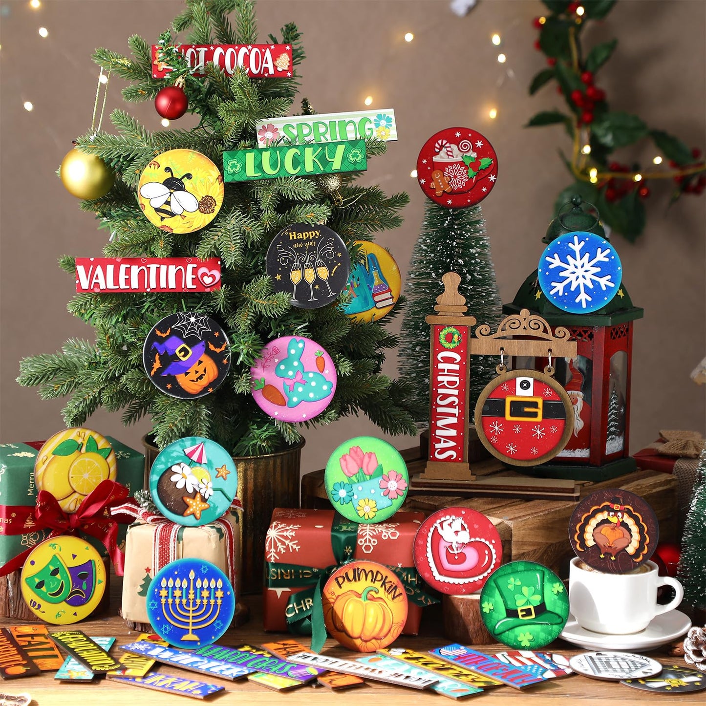 RattanView 41 Pcs Interchangeable Seasonal Decor Mini Standing Sign Farmhouse Convertible Holiday Wood Welcome Sign for Summer 4th of July Home Sweet Home Table Decor(Dark Brown)