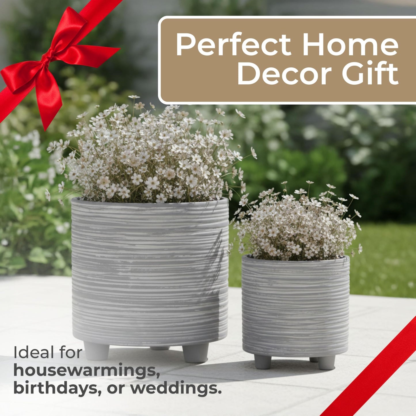Set of 2 Footed Planters with Ridged Lines Accent – Ceramic Stoneware Outdoor & Indoor Plant Pot – Modern Garden & Home Decor Ceramic Planters – Stylish Pot for Plants – 6" & 8", Gray