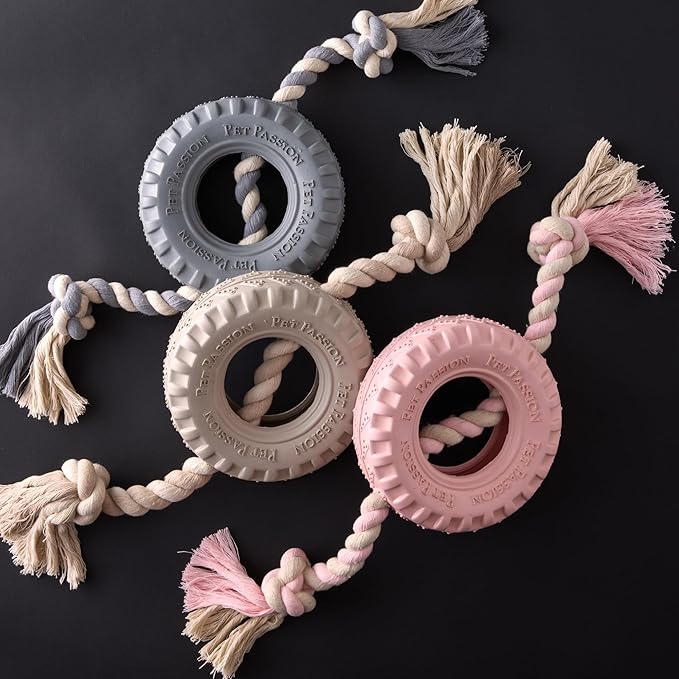 Pet Passion Natural Rubber Tire and Organic Cotton Rope Pull and Chew Dog Toy for All Pet Breeds, Black, Large