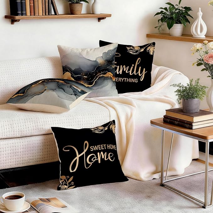 OBSEDE Black Gold Marble Sweet Home Decorative Throw Pillow Covers 18 × 18 in