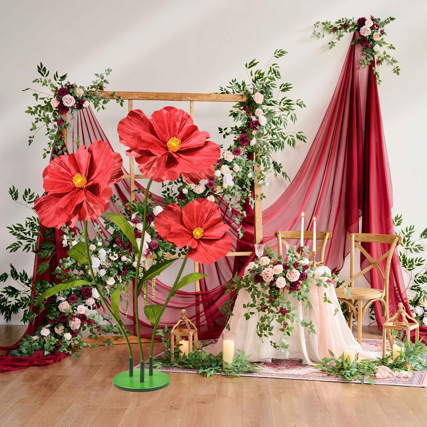 X-Kingsun 3Pcs 5.5ft Giant Poppy Plastic Flower Decoration with Stand Base Artificial Plastic Flowers Handcrafted Flowers for Wedding Outdoor Party Birthday Home Garden Backdrop Memorial Day