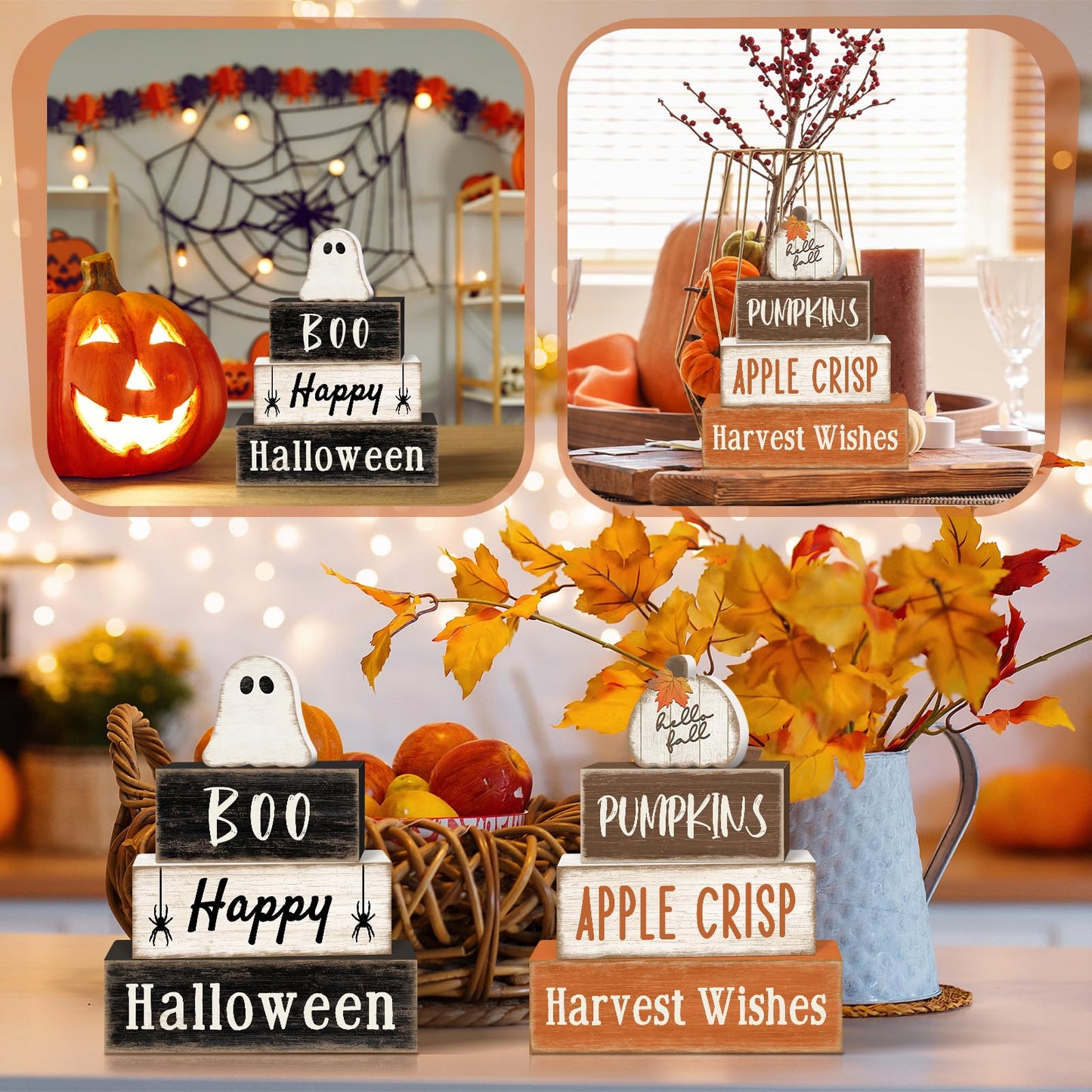8Pcs Fall and Halloween Decor Wooden Ghost Pumpkin Table Decorations, Halloween Fall Tiered Tray Decor Rustic Cute Ghost Pumpkin Stack Signs Tabletop Centerpieces for Home Office Kitchen Shelf