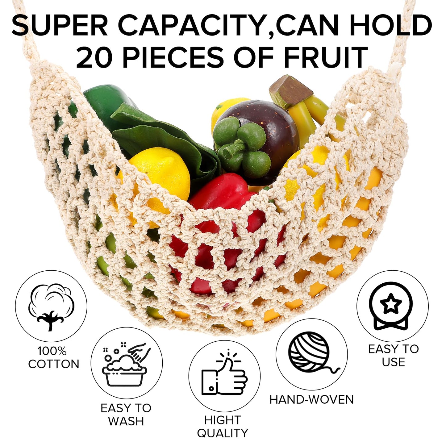 Hanging Fruit Hammock with Hooks Under Cabinet Macrame Basket for Kitchen Hand-Woven Boho Fruit Holder Net Organization Banana Basket for Home Dining Room Cabinet Decor Boat Camper Rv