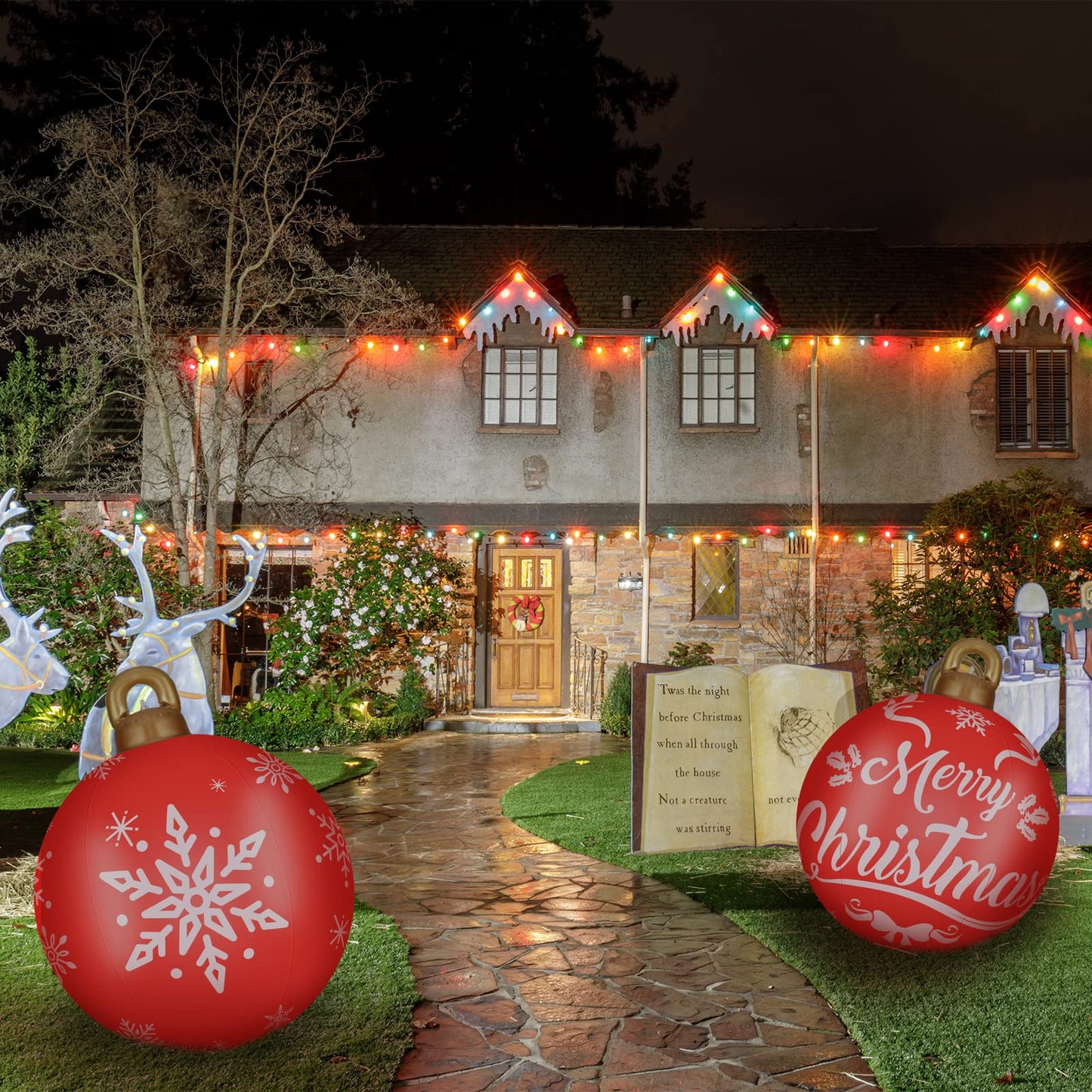 2 Pieces 32 Inch Giant PVC Inflatable Christmas Decorated Ball Ornaments Outdoor Large Xmas Blow Ball Decorations for Christmas Themed Party Ornaments(Elk Xmas Tree Style,Red)