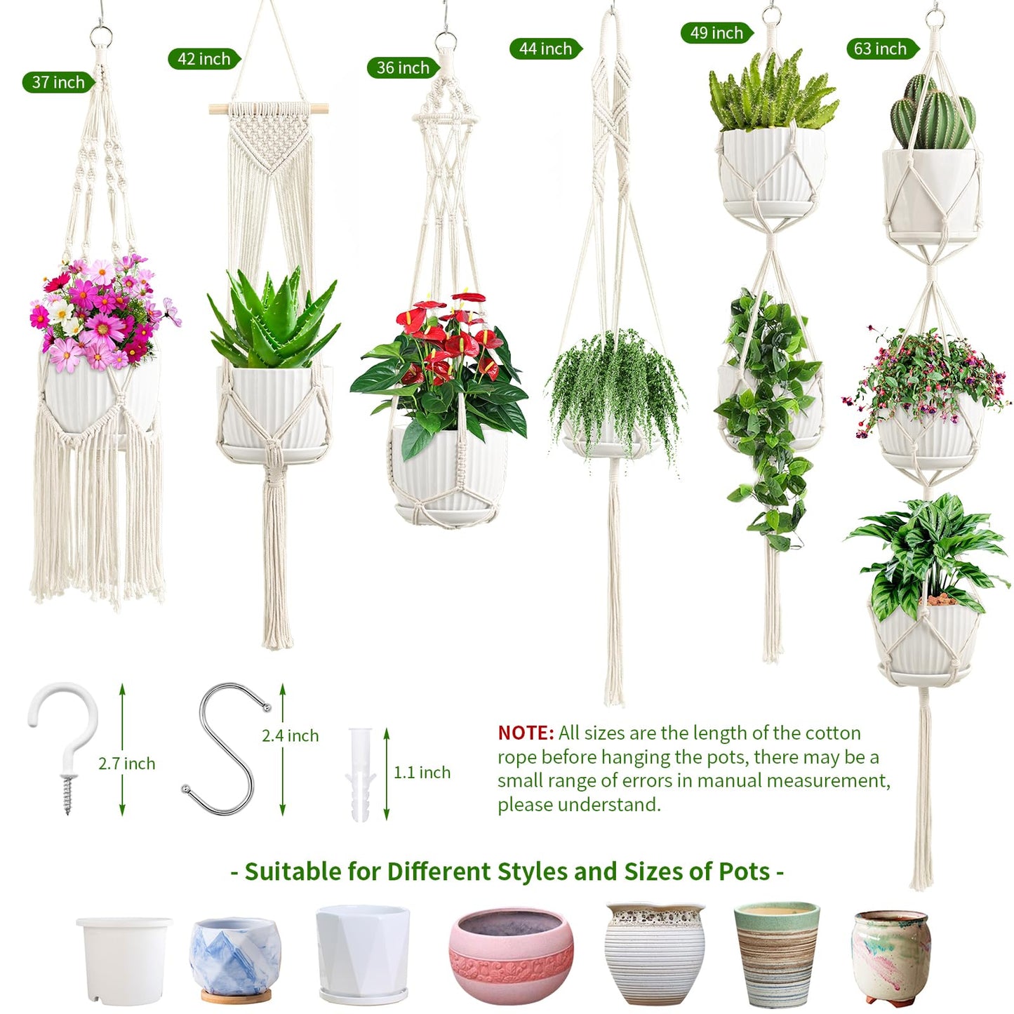 SFENNGPET Macrame Plant Hangers, 6Pack Hanging Planters for Indoor Plants w/ 6 Set Hangers Kit Handmade Macromay Plant Hangers Indoor Flower Pots Holder Stand for Boho Home Décor (POTS NOT Included)