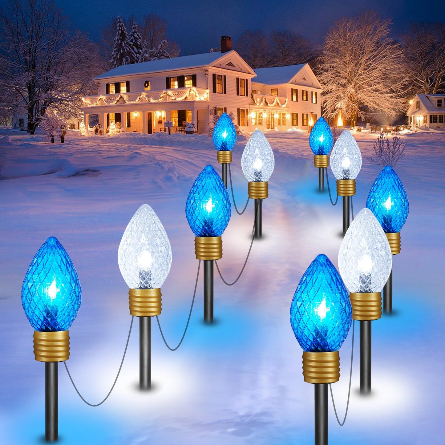 Brightown 2 Pack Jumbo Christmas Pathway Lights Outdoor - 10.5 Feet 5 LED C9 Walkway Light, Covered Jumbo Strawberry Bulb Decorations for Lawn Outside, Blue & White