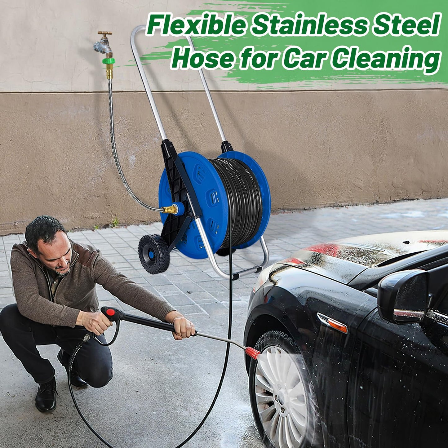 Short Garden Hose with Male to Female Connector - 3ft Metal Leakproof Leader Hose for Reel, Heavy Duty 304 Stainless Steel Flexible Water Pipe for Outdoor Garden Watering Car Pet Cleaning