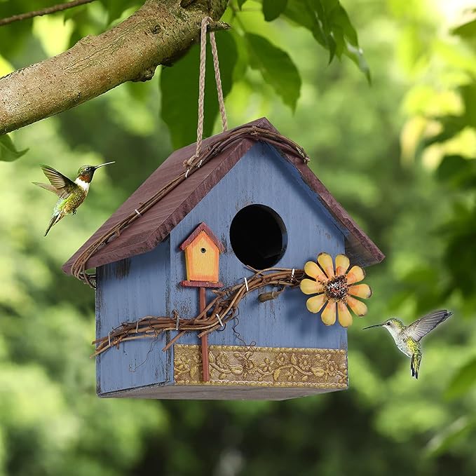 Hanging Bird Houses for Outside Decorative Birdhouse, Garden Bird Feeders for Outdoors, Blue Wooden Bird Nest Box for Wren Finchs Hummingbird Cardinal Bluebird Wild Birds, Gift for Bird Lovers