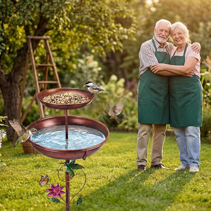 EdenseeLake Double Metal Bird Bath for Outside, 43.8 Inch Upgraded 5-Prong Base Stake Birdbaths Feeder with Detachable Bowls for Outdoors Lawn Patio Yard Garden Decor