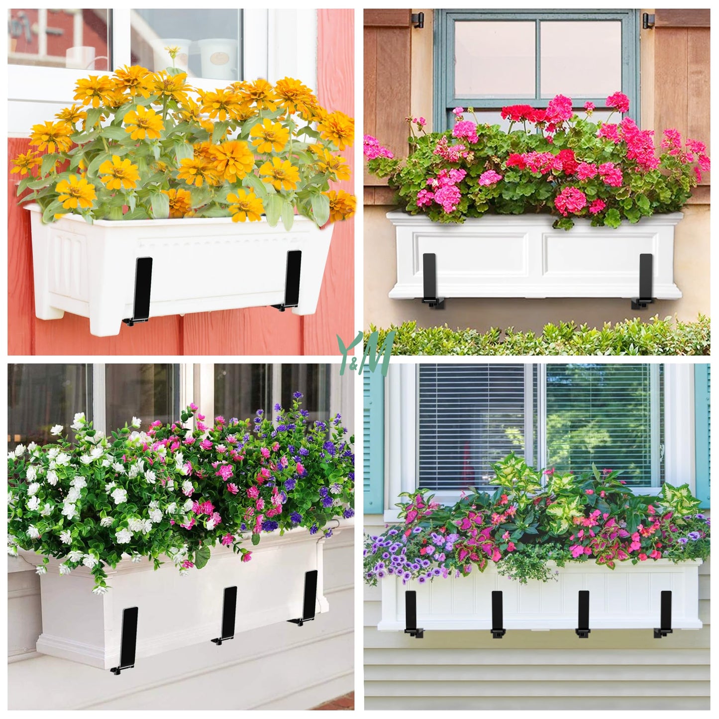 Y&M 4 PCS Adjustable Window Box Brackets for Planter Box, Heavy Duty Wall Mounted Hooks Hangers for Flower Baskets Holder Durable, Hanging Brackets for Fence Patio Garden Balcony
