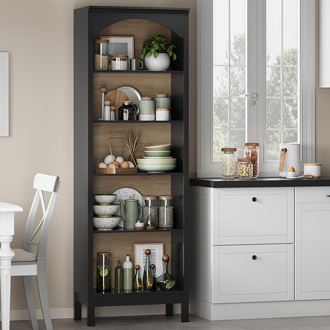 Arched Bookshelf with 5 Tier Open Shelves, Study and Living Room, Modern Black
