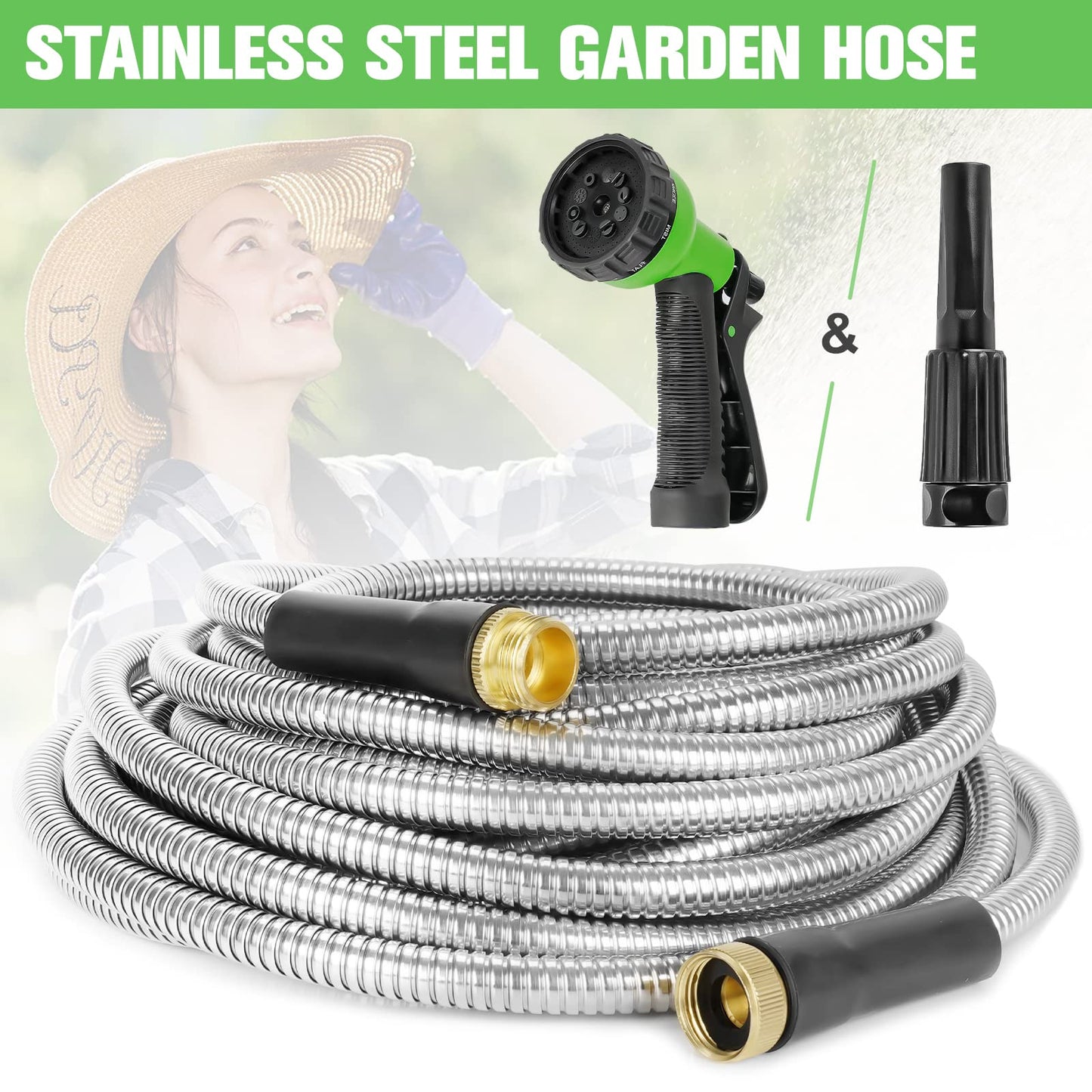 TVKB Metal Garden Hose 75ft Stainless Steel Water Hose Super Tough Flexible Water Pipe with 3/4 inch Brass Fittings and Sprayer Nozzle, Kink & Tangle Free, Rust Proof
