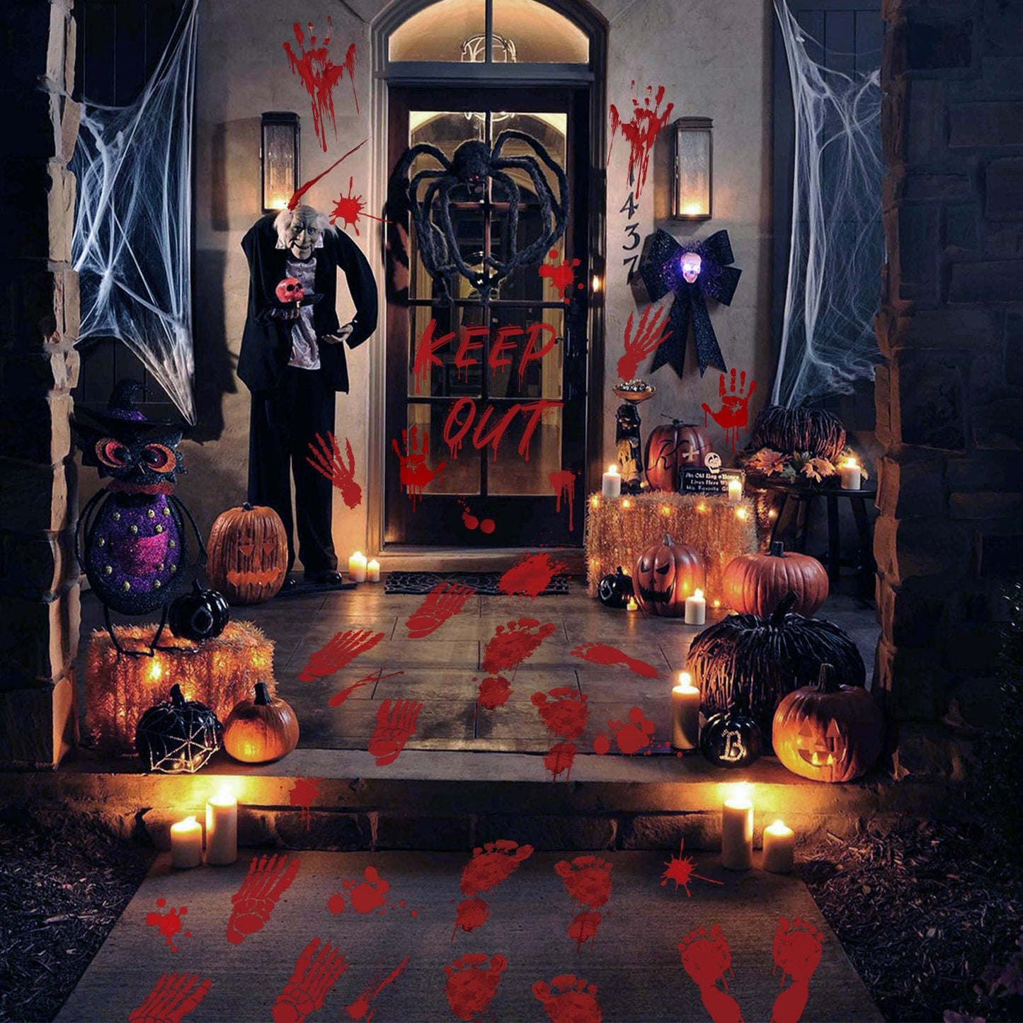 105 Pcs Bloody Halloween Decorations Bloody Footprints Floor Stickers Handprint Window Stickers Halloween Indoor Outdoor Wall Window Floor Stickers Decals (10 Sheets)