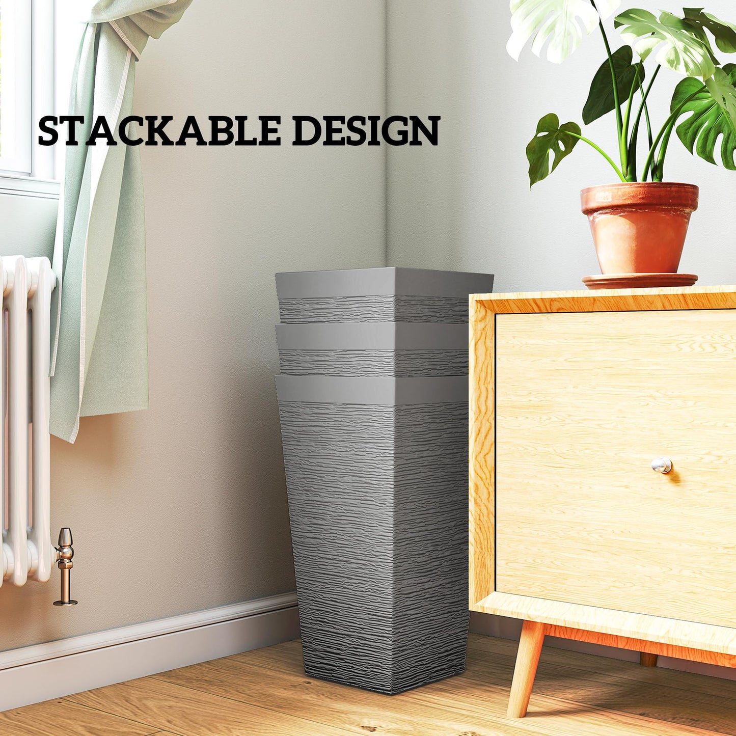 Outsunny 22.8 Inch Tall Planters for Outdoor Plants, Set of 3 Plastic Flower Pots with Stone Finish and Wheels, Stackable Tapered Planters with Drainage Hole for Indoor Plants, Front Porch, Gray