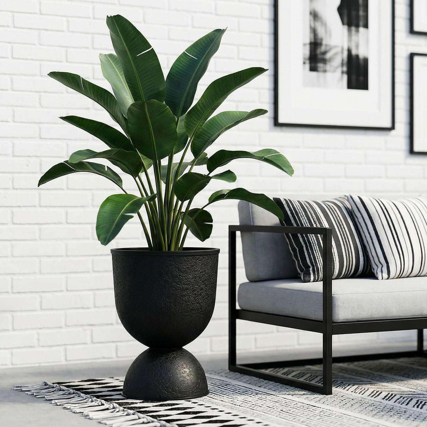 KOL Planters Flower Pots, Plastic Urn Planters for Indoor Outdoor Plants, Black Pedestal Planter Pots 2 Pack, 15 Inch Tall Decorative Planters with Drainage Holes & Plugs for Front Porch Patio Garden