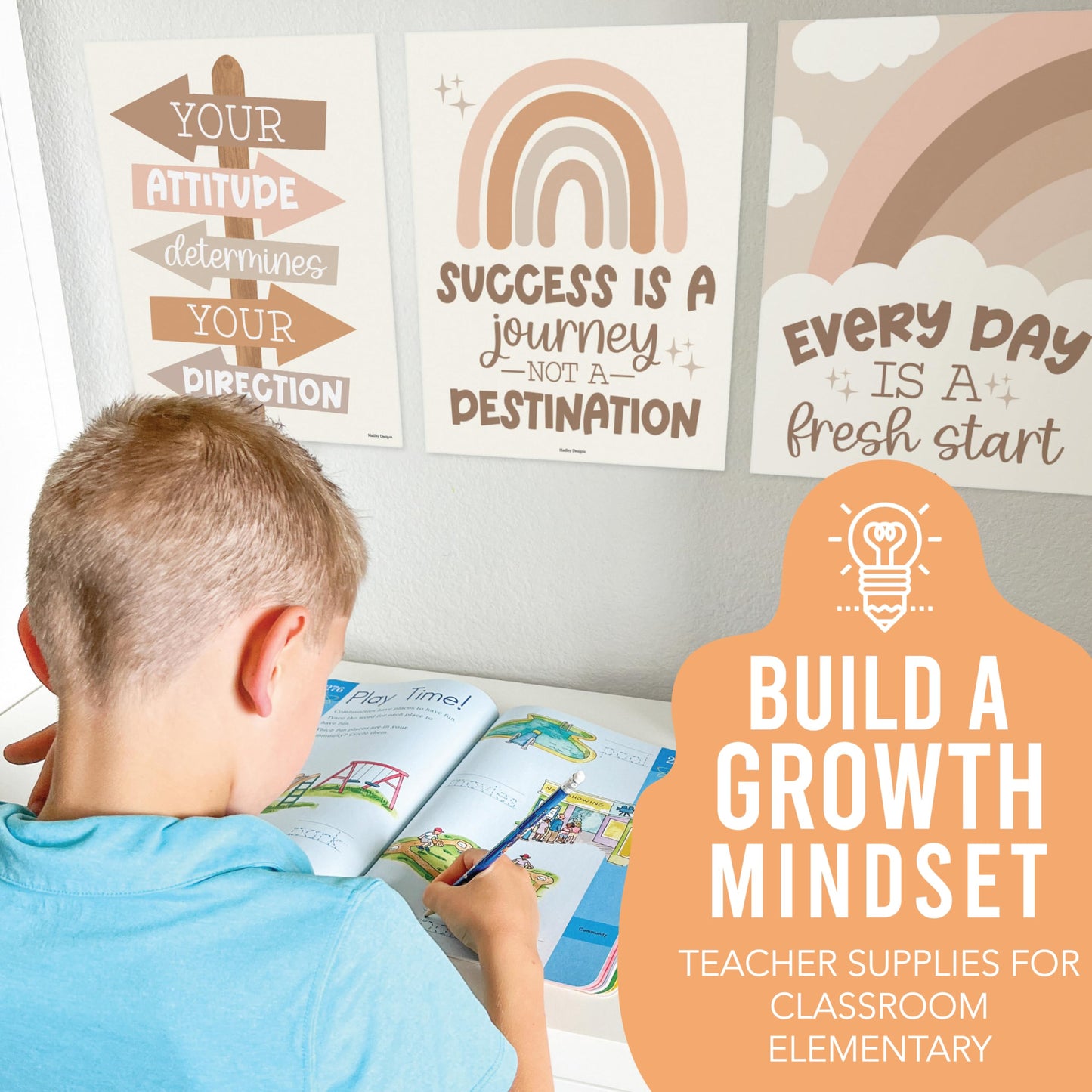 Hadley Designs Motivational Poster for Classroom Decor - 9 Growth Mindset Classroom Posters Elementary, Inspirational Wall Decor Middle School, Teacher Must Haves, Boho Bulletin Board Decorations