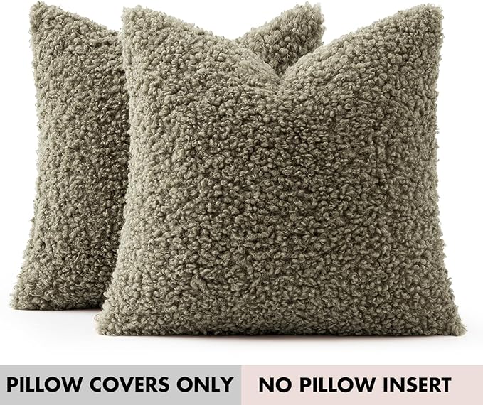 Faux Fur Throw Pillow Covers 18x18 Inch Set of 2 Boucle Neutral Decorative
