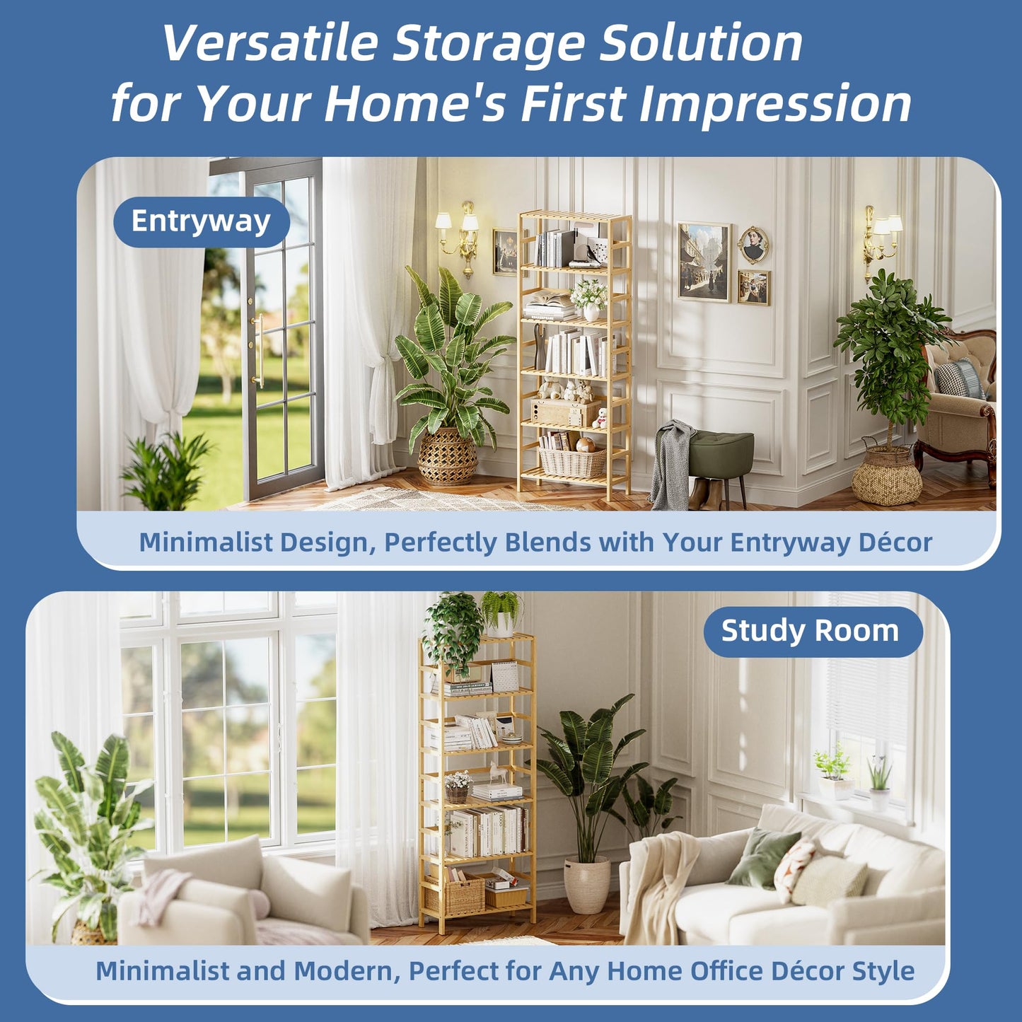 HITNET Bamboo Shelf, 6-Tier Adjustable Tall Open Bookcase, Bathroom Storage Rack Freestanding Shelving Unit, Plant Display Stand for Small Space, Natural