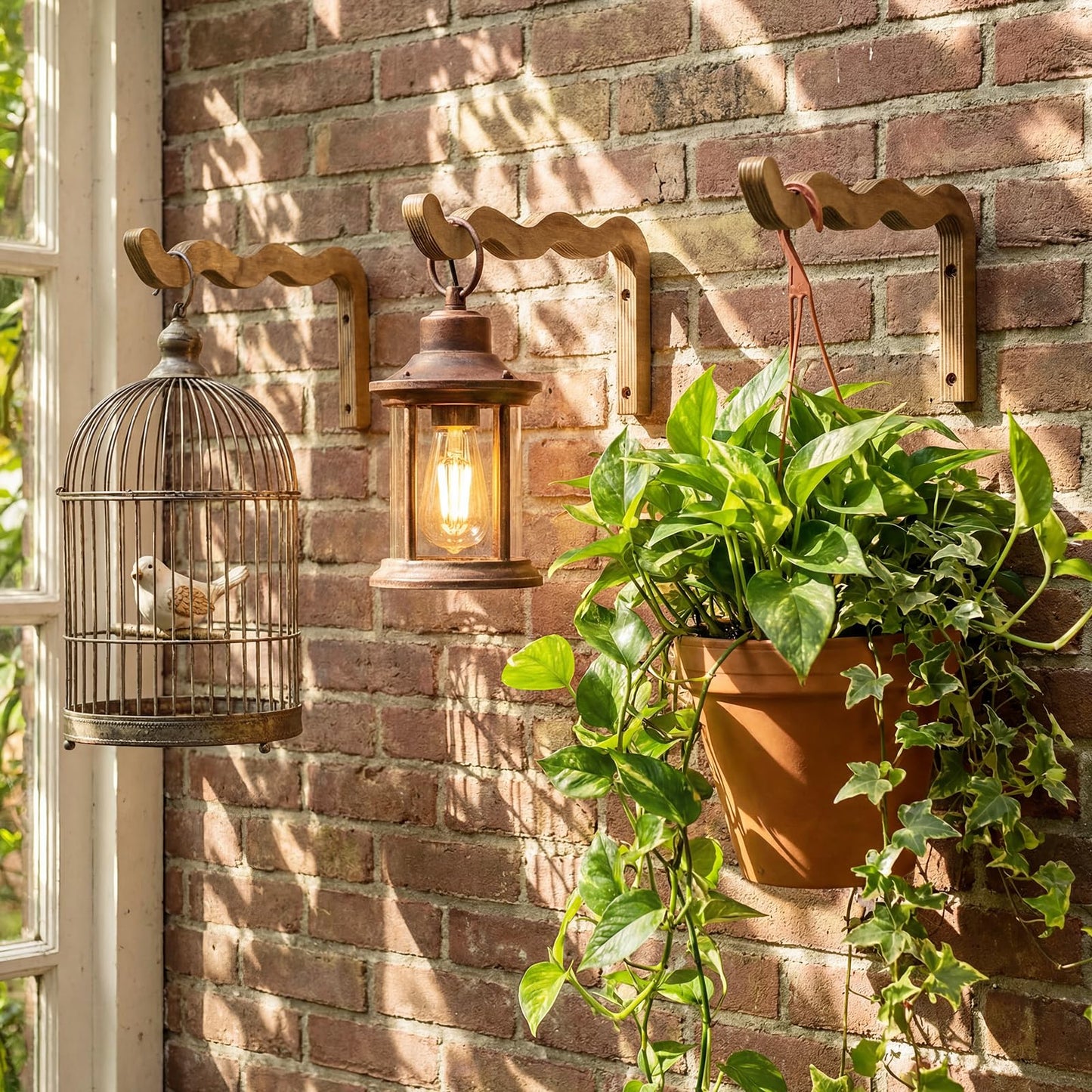 Fiwochic 2 Pack Wooden Wall Plant Hangers, 12 Inch Wavy Hanging Plant Hooks Walnut Color Hanging Brackets for Indoor Outdoor Flower Pots, Wind Chimes, Lanterns, Bird Feeders