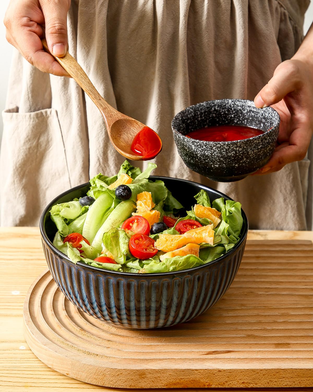HASENSE Mixing Bowls of 3, Porcelain Ribbed Bowls 1.5/1/0.5 Qt For Kitchen, Cooking, Baking and Serving Prep Bowls for Salad, Pasta, Modern Kitchen Dish Dishwasher & Microwave Safe, Blue