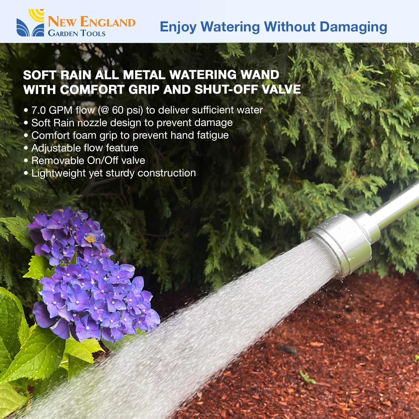 30 Inch Soft Rain Watering Wand 600003, Gentle Shower Spray, Heavy Duty Lightweight Metal Build, Comfort Grip, Flow Control Shut Off Valve, for Plants, Yards, Cars & Pets, by New England Garden Tools