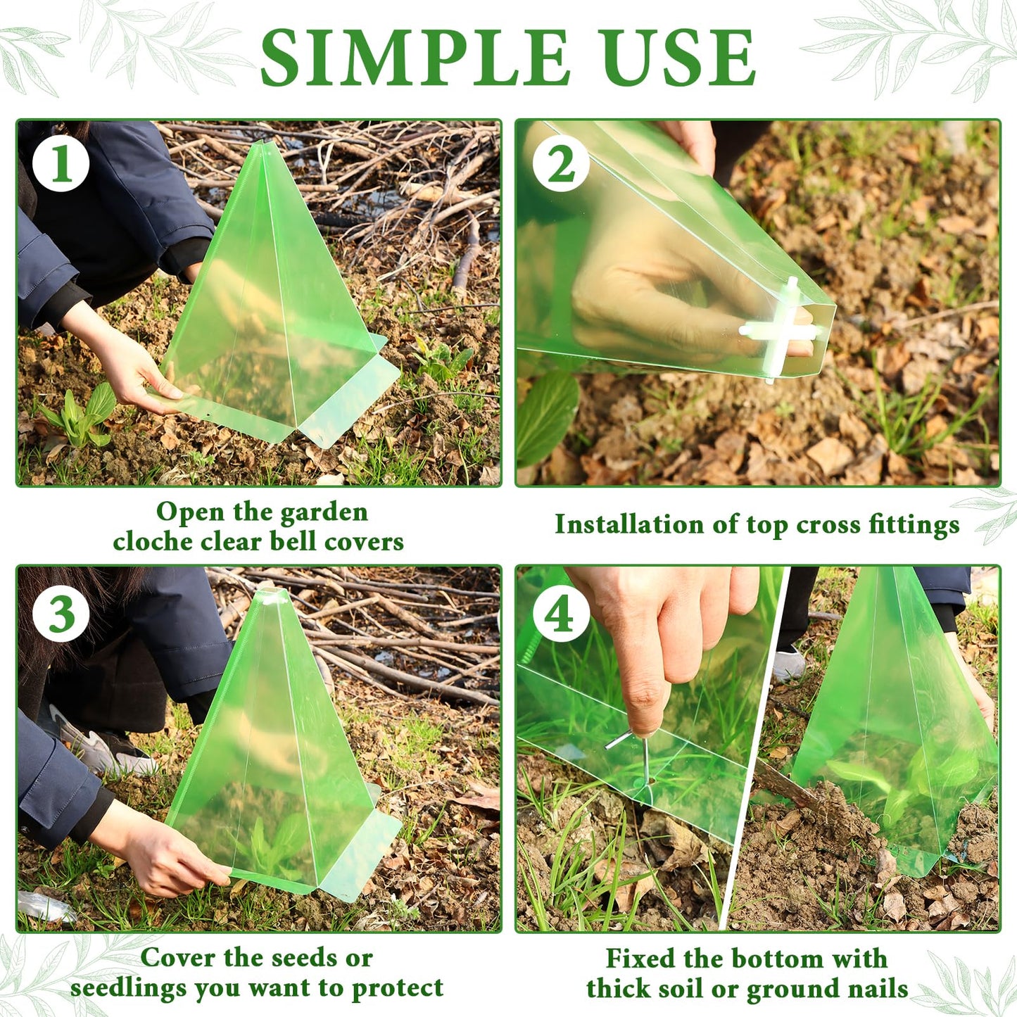 20 Pack Garden Cloches for Plants, Green Reusable Bell Plant Cover, Plastic Small Plant Seedling Protector with 40pcs Metal Stakes, Mini Greenhouse Against Sun, Frost, Snails, Birds, 7.8" x 11"