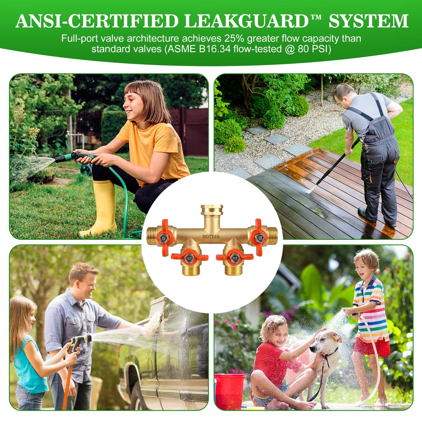 4 Way Brass Hose Splitter Full Flow with Metal Handle - Heavy Duty Spigot Splitter with Shut Off Valve, 3/4" GHT Garden Tap Connector
