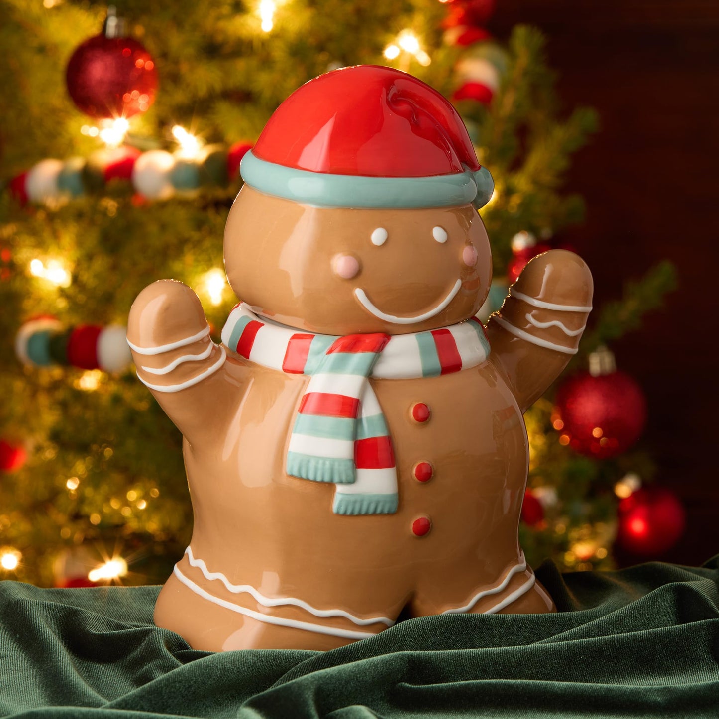 Christmas Whimsy Gingerbread 3-D Cookie Jar – Holiday Ceramic Treat Jar with Smiling Gingerbread Wearing Red Hat & Scarf – Airtight Storage for Cookies, Candies & Festive Kitchen Decor
