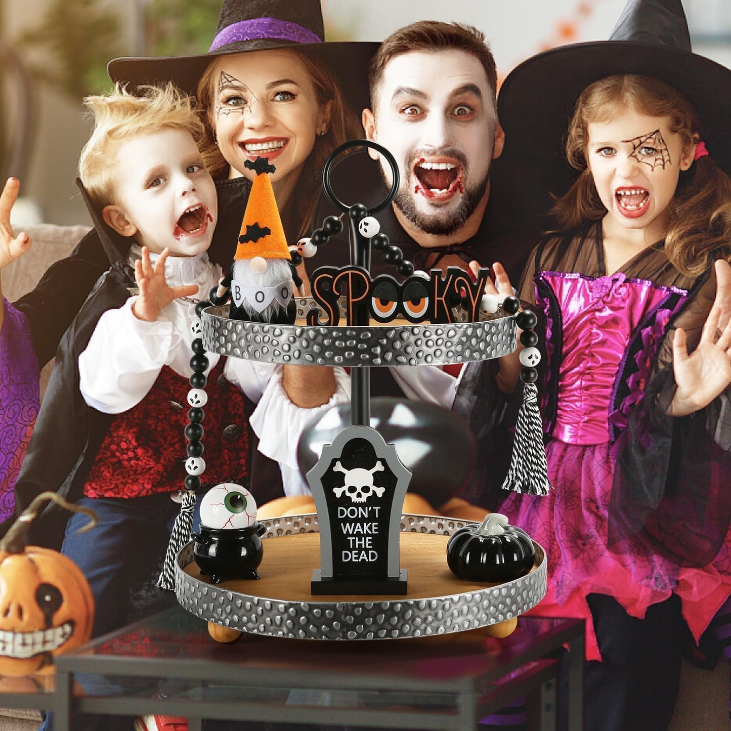 Halloween Decorations 6PCS Tiered Tray Decor, Cute Tabletop Halloween Decor for Home Office Tray Shelf Mantel Table Centerpieces Farmhouse Rustic Spooky Wood Signs