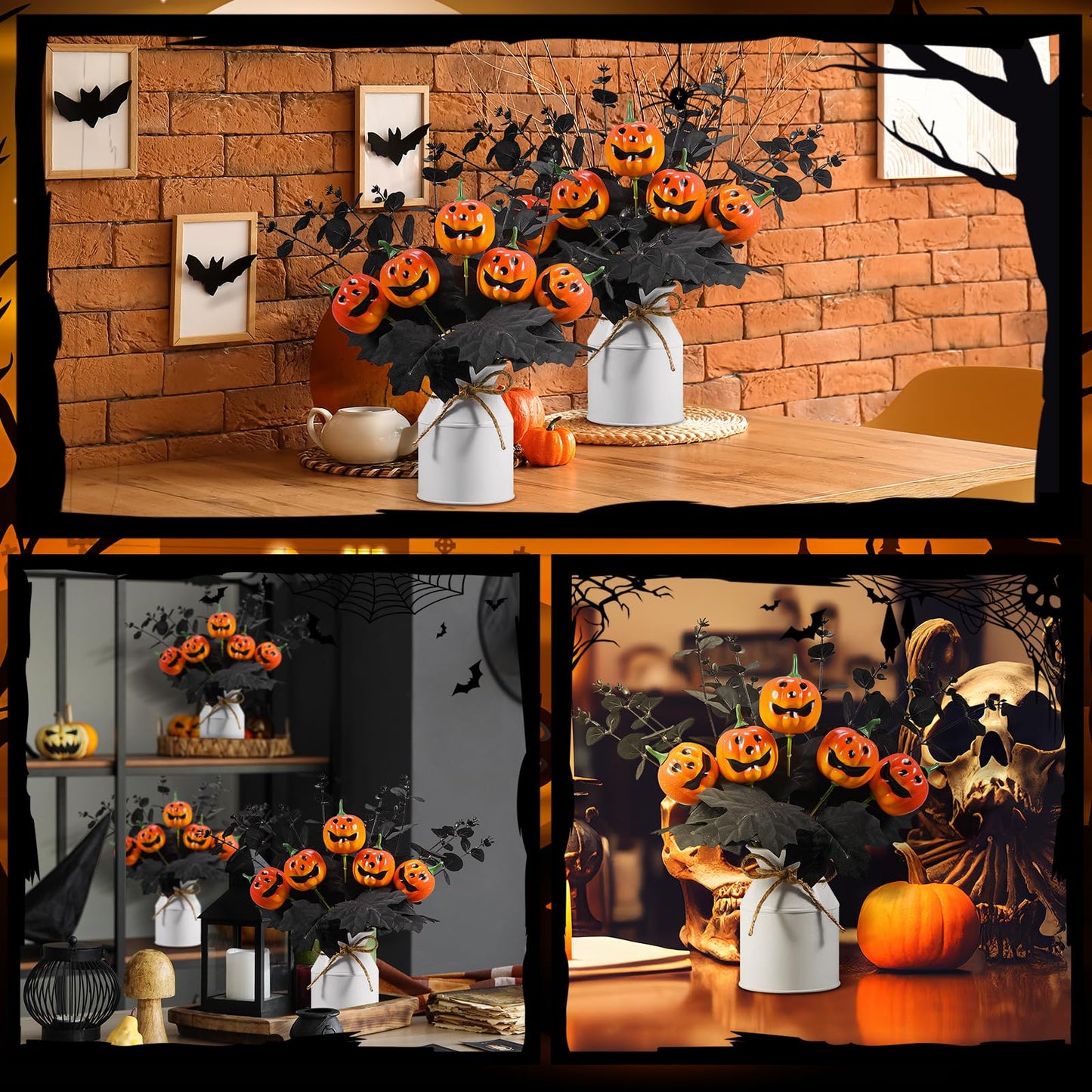 Thiccywoov 4 Sets Halloween Table Centerpiece Decorations Artificial Black Pumpkins Eucalyptus with Metal Vase Faux Pumpkins Plants in Pots for Halloween Trick or Treat Party Home Dining Table Decor
