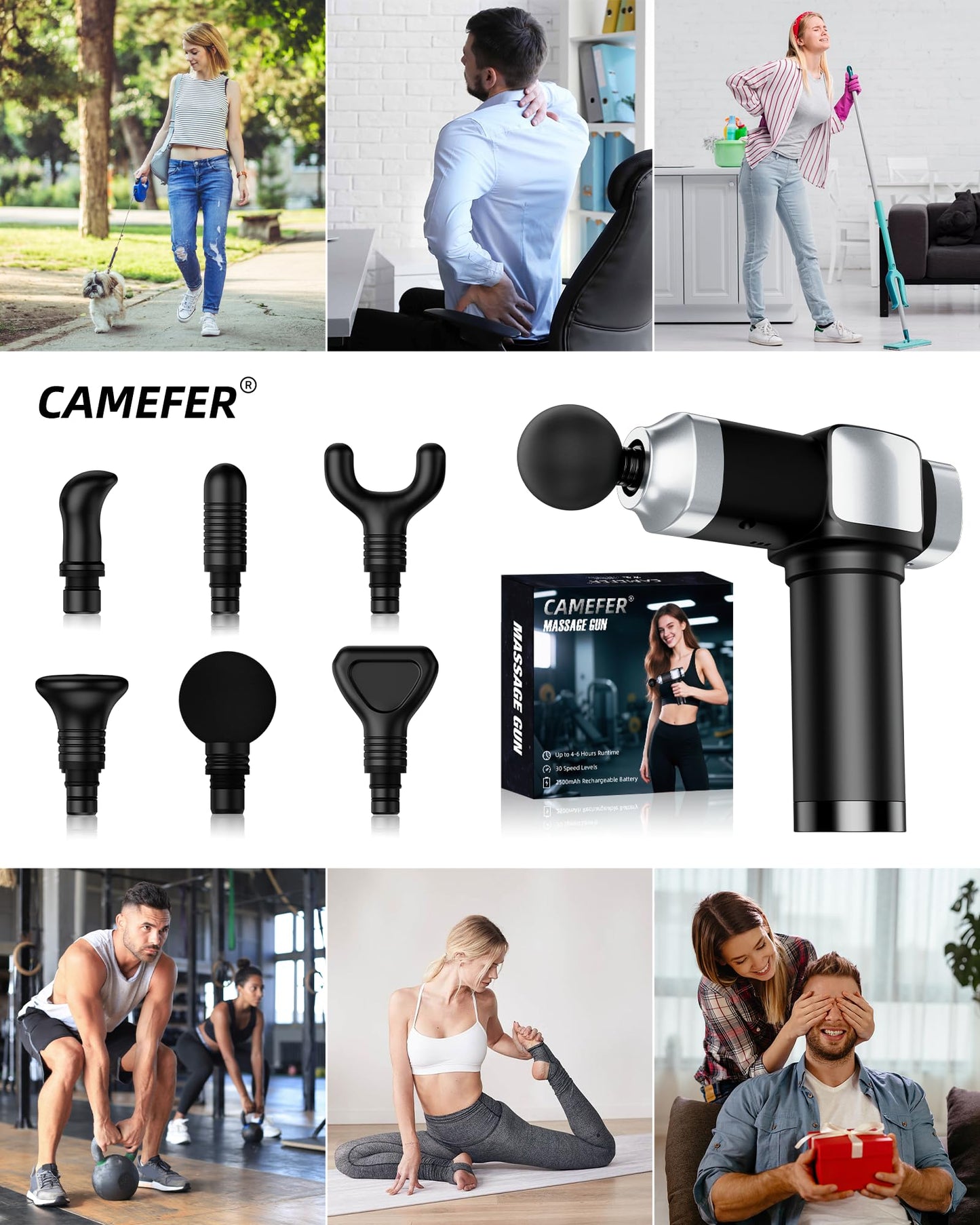 Deep Tissue Massage Gun, Portable Percussion Electric Muscle Massager for Pain Relief, Handheld Massagers with 30 Speeds & 6 Attachments for Back and Neck, Gifts for Men Women
