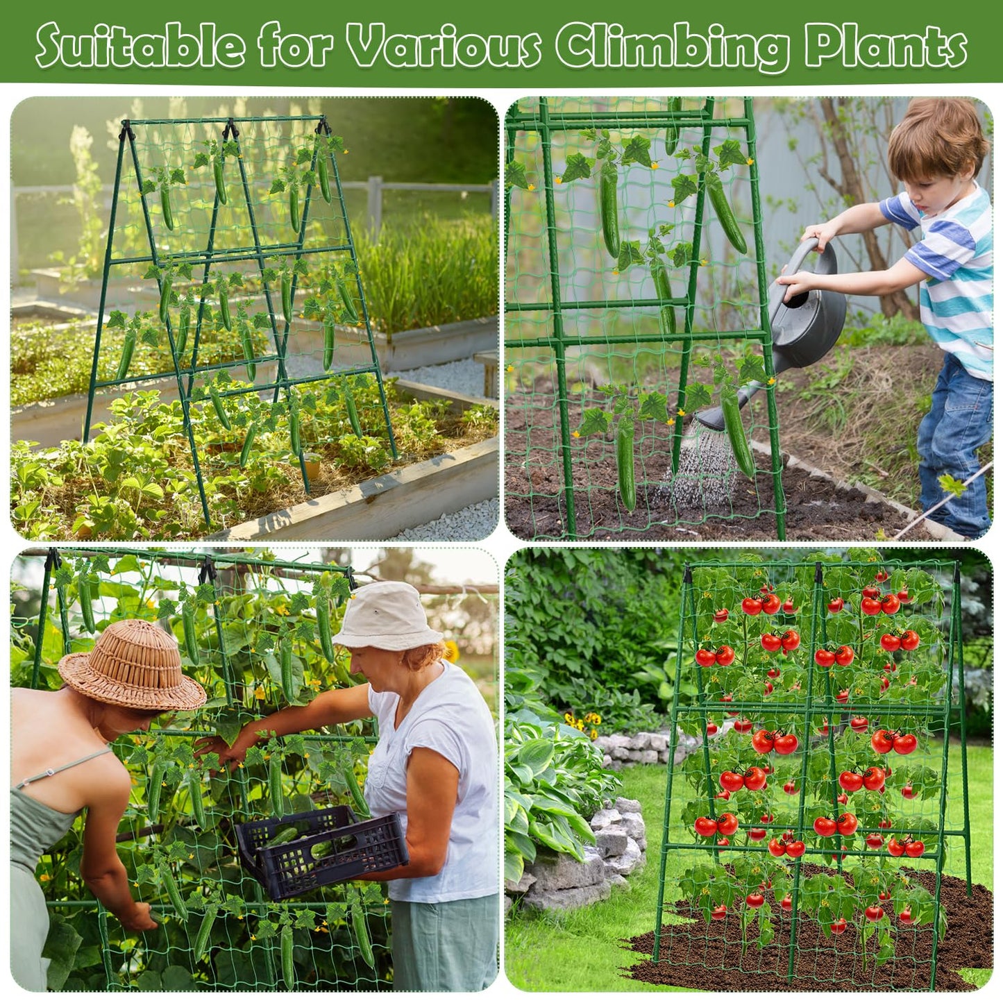 2 Packs Cucumber Trellis for Raised Beds, 31 X 47 Inch Adjustable Size A-Frame Garden Trellis for Climbing Plant Outdoors with Climbing Net and Plant Support Clip for Vegetable Grape Garden Supplies