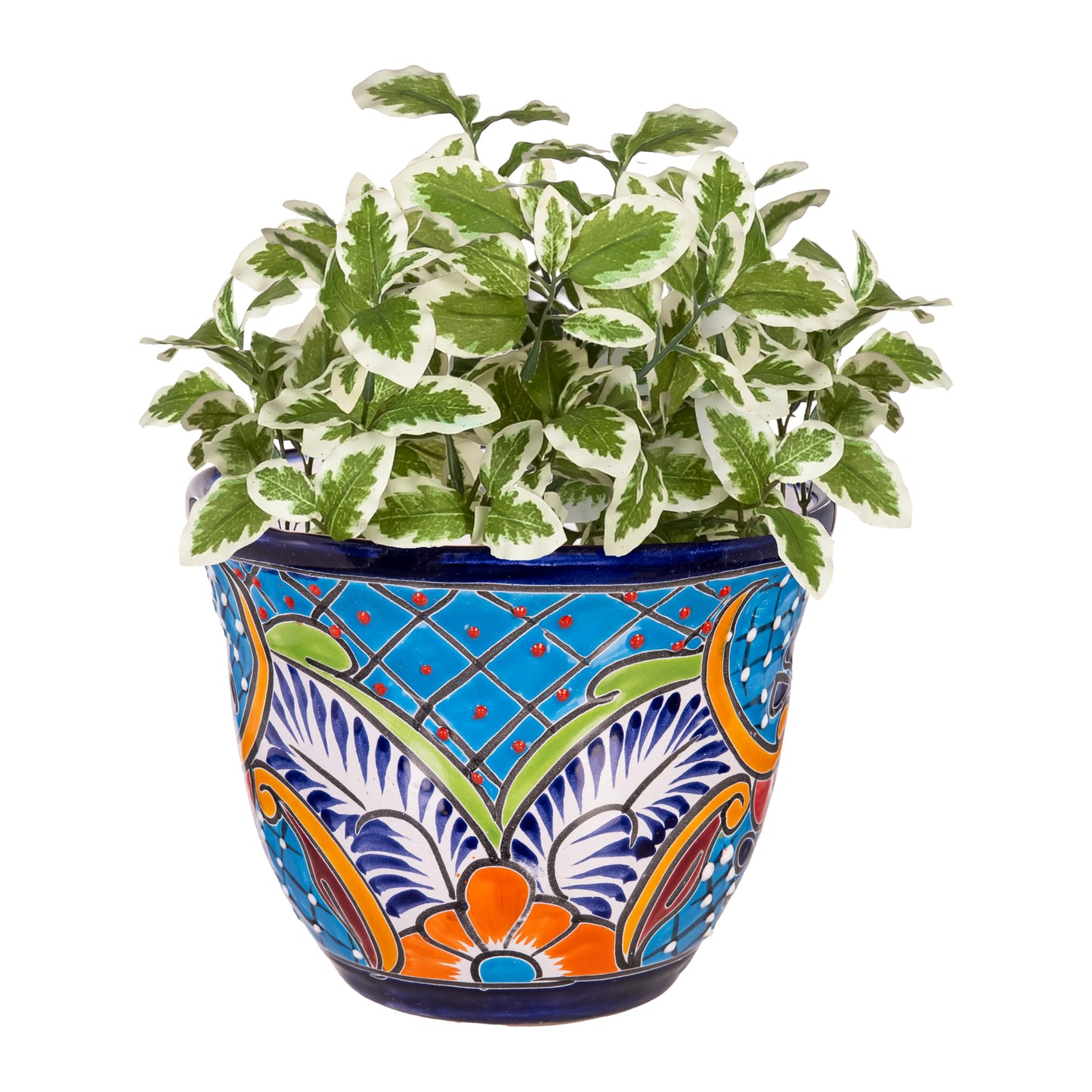 Evergreen 7 inch Talavera Mexican Pottery Ceramic Green Detailed Baul, Set of 2, Flower Pot Plant Succulent, Indoor Outdoor