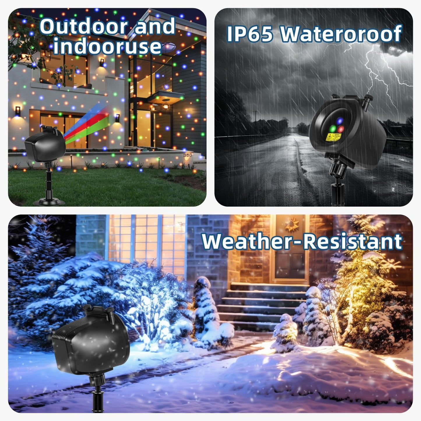 Outdoor Laser Projector Lights, RGB Firefly Light Show for Backyard Parties & Gatherings, IP65 Waterproof, 270° Adjustable, 10 Color Modes + 3 Changeable Holiday Cards(Halloween/Snowflake/Christmas)