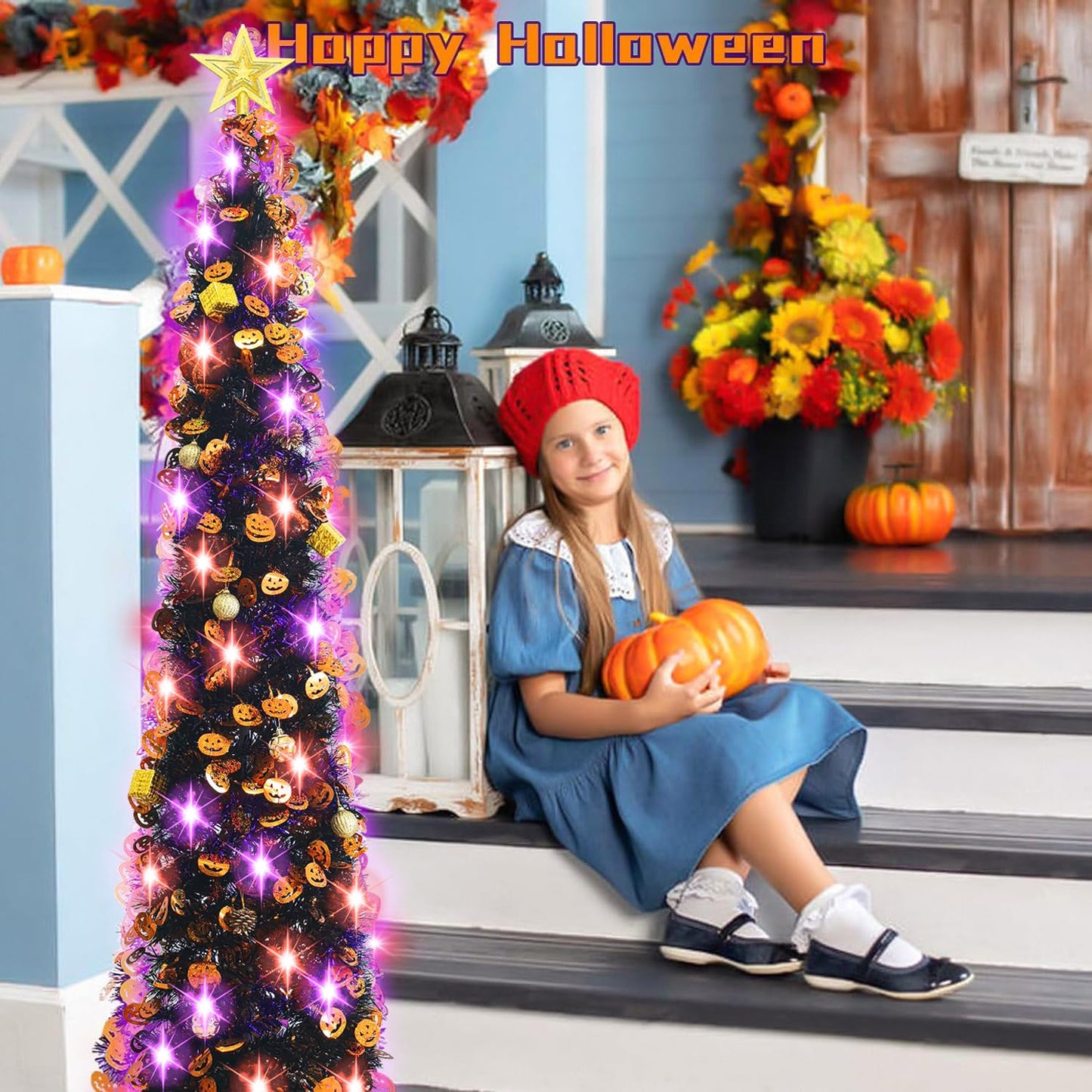 Halloween Tree Decorations with 100LED Lights 5FT Pop Up Tree with Hanging Pumpkin&12 Pcs Ornaments, Tinsel Collapsible Artificial Pencil Tree Holiday Decoration for Home, Black Purple