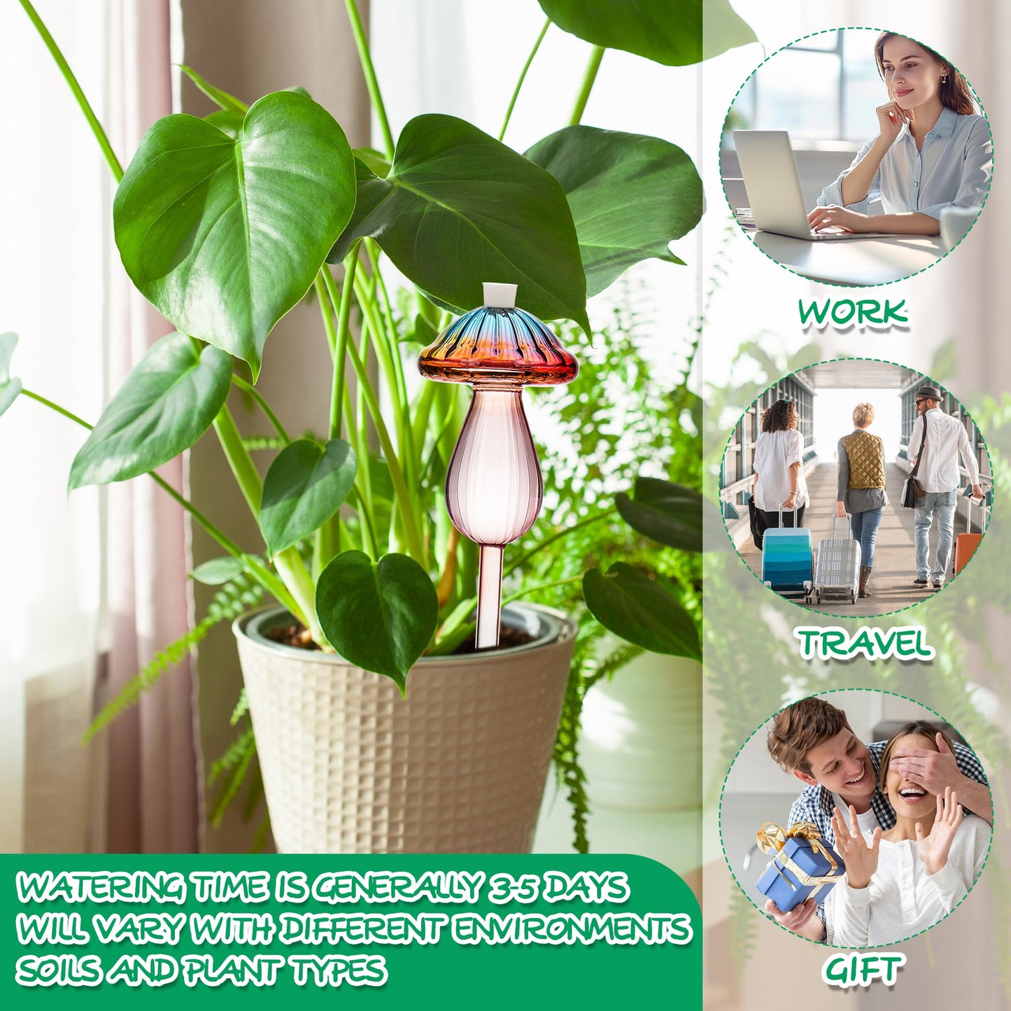 Plant Watering Globes Mushroom, Rainbow Gradient Color Plant Watering Devices, Self Watering Planter Insert, Self Watering Globes - Watering Bulbs for Indoor Plants for Travel Vacation (4 PCS)