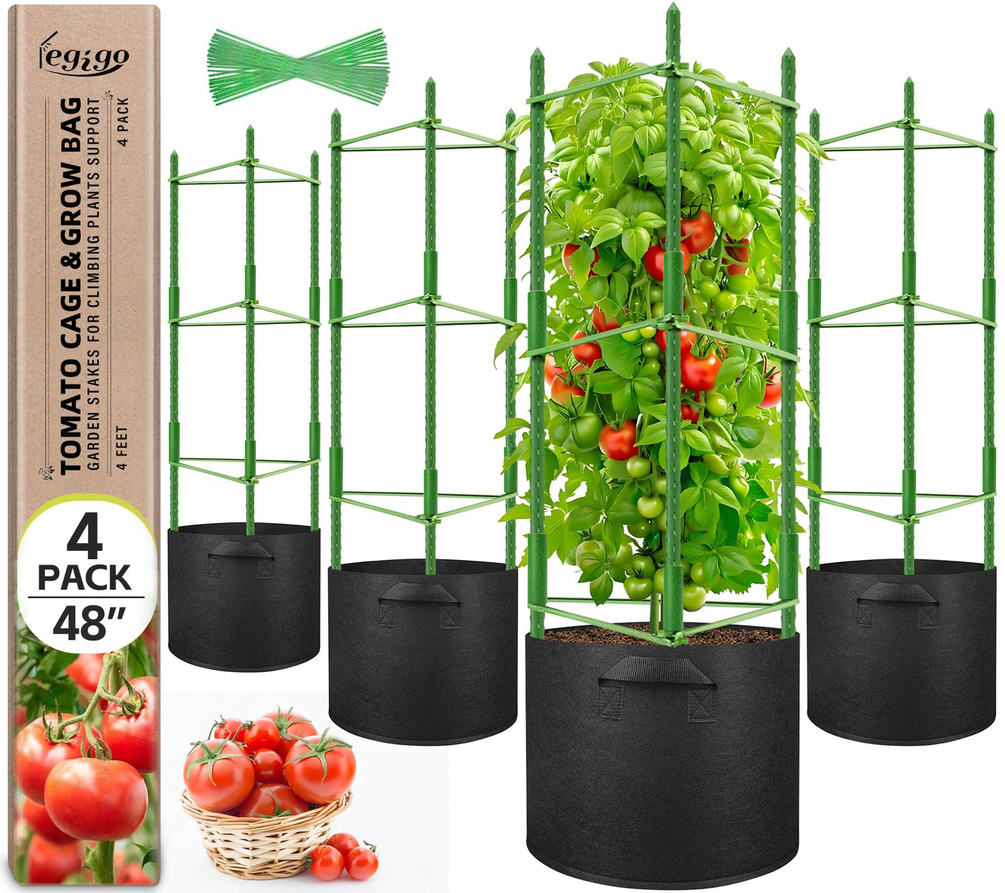 Legigo 4 Pack Tomato Cages with 10 Gallon Grow Bags- 48 Inch Tomato Trellis Planter Plant Support Stakes, Tomato Plant Cage Garden Trellis for Vertical Climbing Plants Vegetables Flowers Fruits