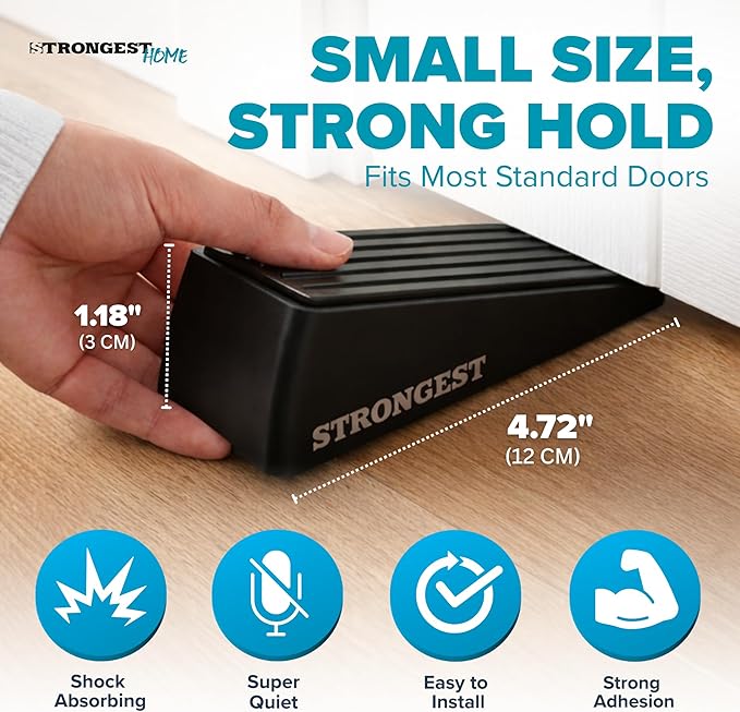 STRONGEST HOME Stoppers for Bottom of Door – Heavy Duty Metal Rubber Door Stopper, Non-Slip Door Stop for Heavy Doors, Works on Wood, Tile & Carpet Floors Wedge Black 4 PCs + 4 White Wall Protectors
