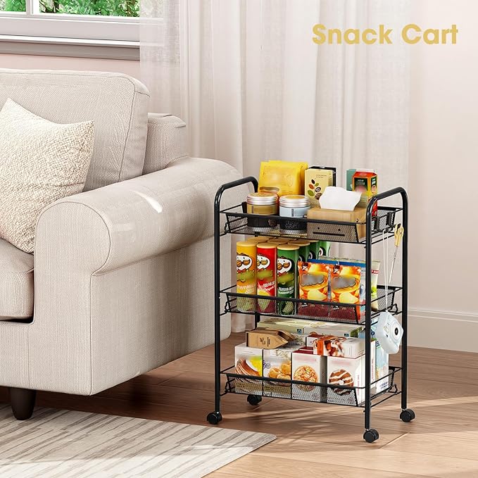 TOOLF 3-Tier Metal Rolling Cart, Mesh Wire Easy Assemble Utility Cart, Storage