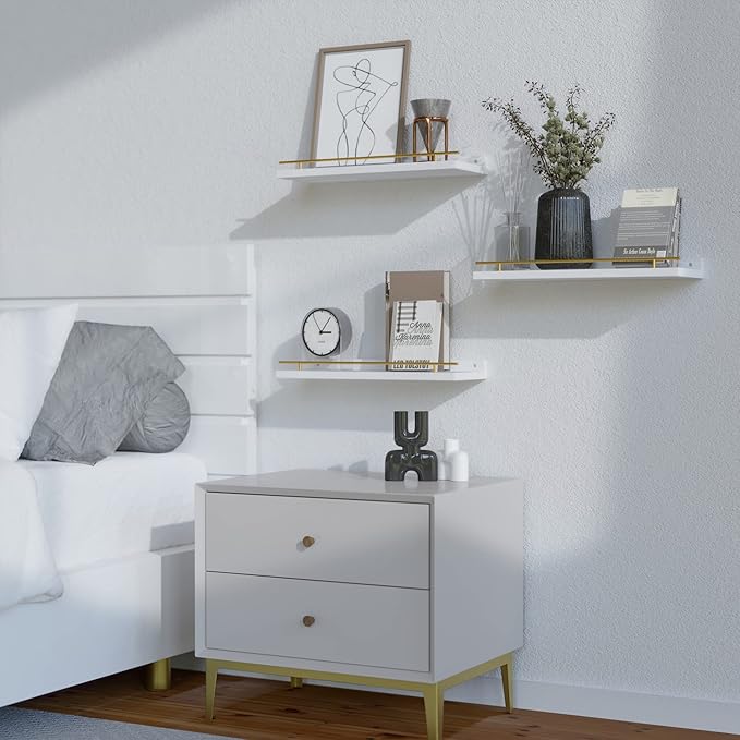 WOPITUES Floating Shelves with Gold Metal Guardrail, Shelves
