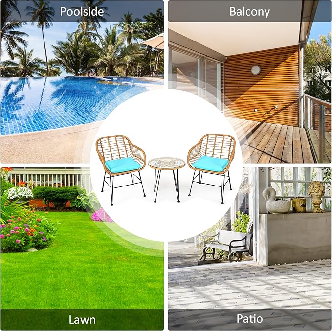 Tangkula 3 Pieces Patio Bistro Set, Rattan Conversation Set