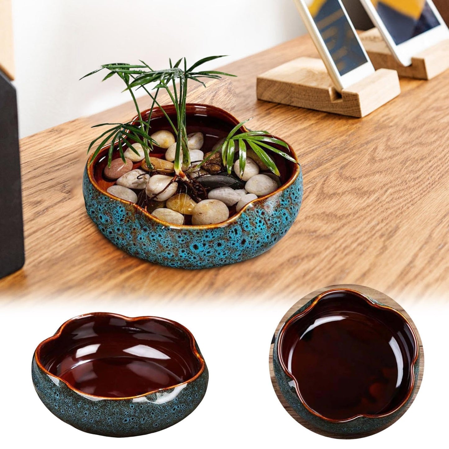 Lotus Bowl Planter, Lotus Bowls for Planting in Water Indoors, Bonsai Bowl Lotus Flower Seeds, Ceramic Planters for Indoor Plants, Leak-Proof Design for Succulent Plants Fish Home Decor (Blue)