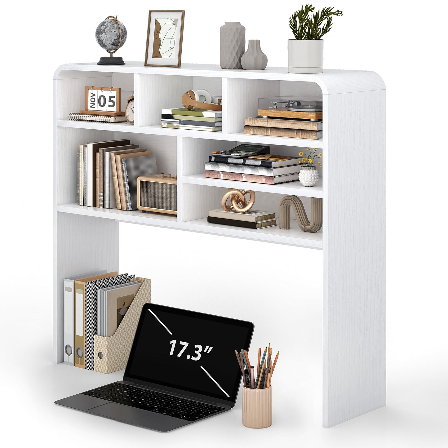 Homiflex 5-Tier Desk Shelf, 37.4''W Desktop Bookshelf for Computer Monitor, Desktop Organizer Shelf Storage Rack with 6 Cubbies, 5-Level Desk Hutch Display Rack for Home, Office, Dorm, Vanity, White