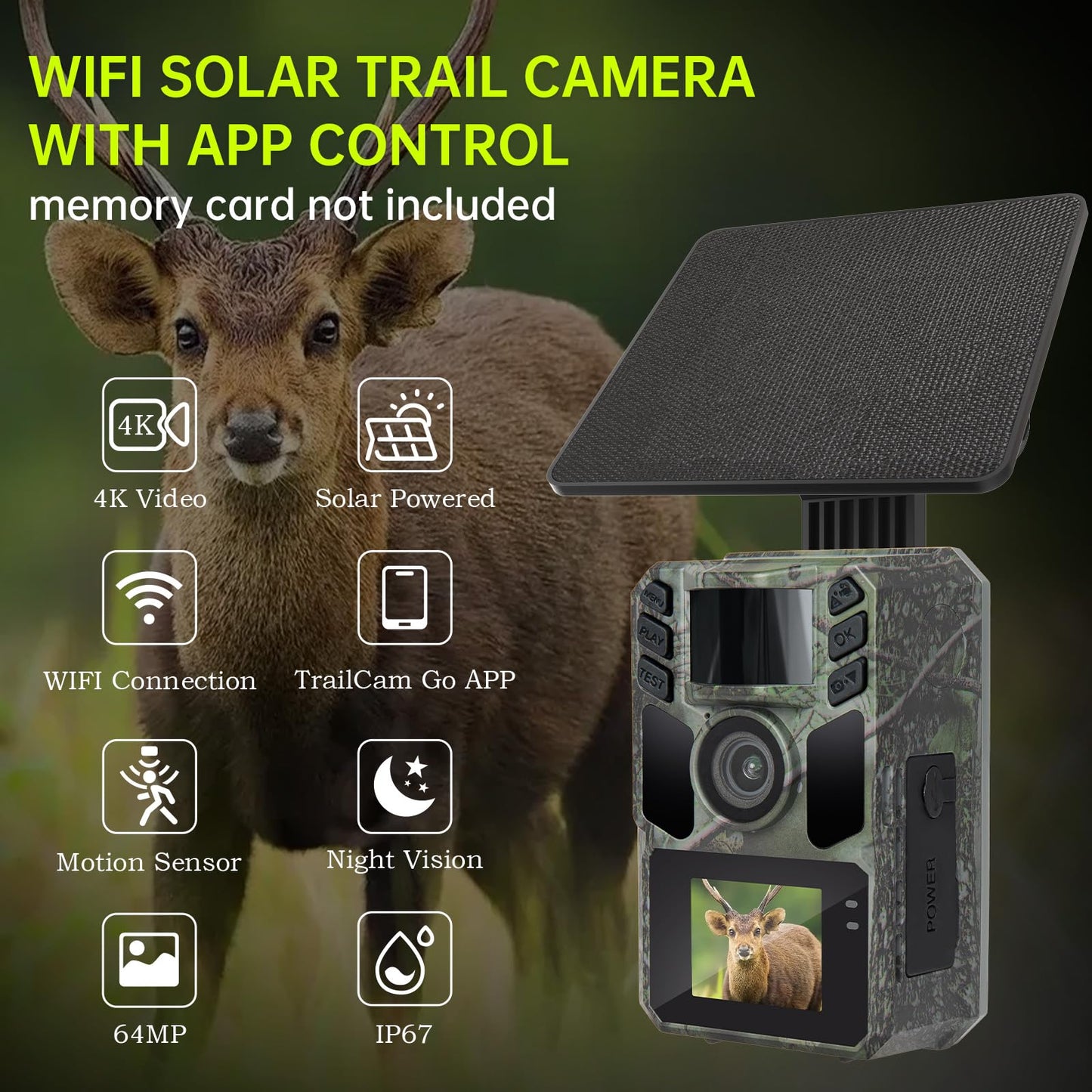 FKPCAM Trail Camera 4K 64MP Solar WiFi Game Hunting Camera with Night Visionâ Built-in 5000mAh Battery, IP67 Waterproof, Motion Activated, 64GB Memory Card